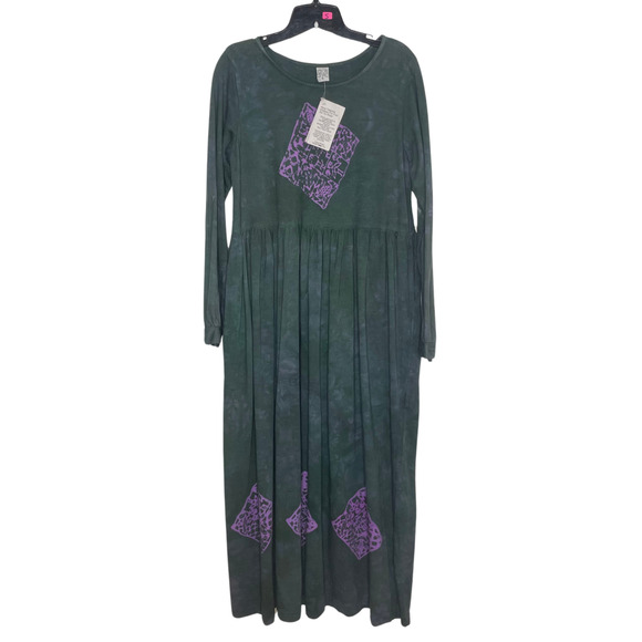 NWT Maxi Dress S Cotton Long Sleeve Block Print Tie Dye Lagenlook Boho Hippie - Picture 2 of 11